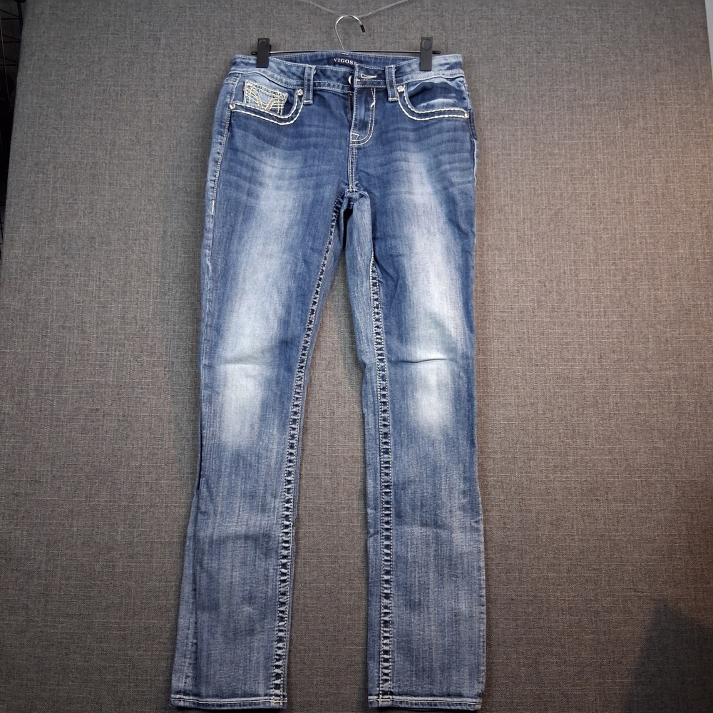 Vigoss Bootcut Jeans Medium Wash Rhinestone Flap Pocket Blue Denim Womens 33x31